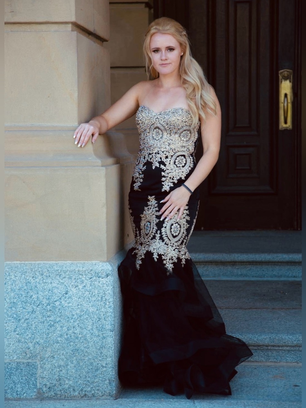 Black and Gold Strapless Beaded Mermaid Grad Dress - Size 2